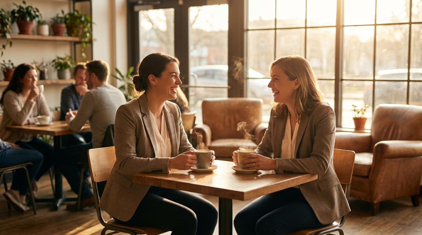 Two Christian business professionals shaking hands over coffee