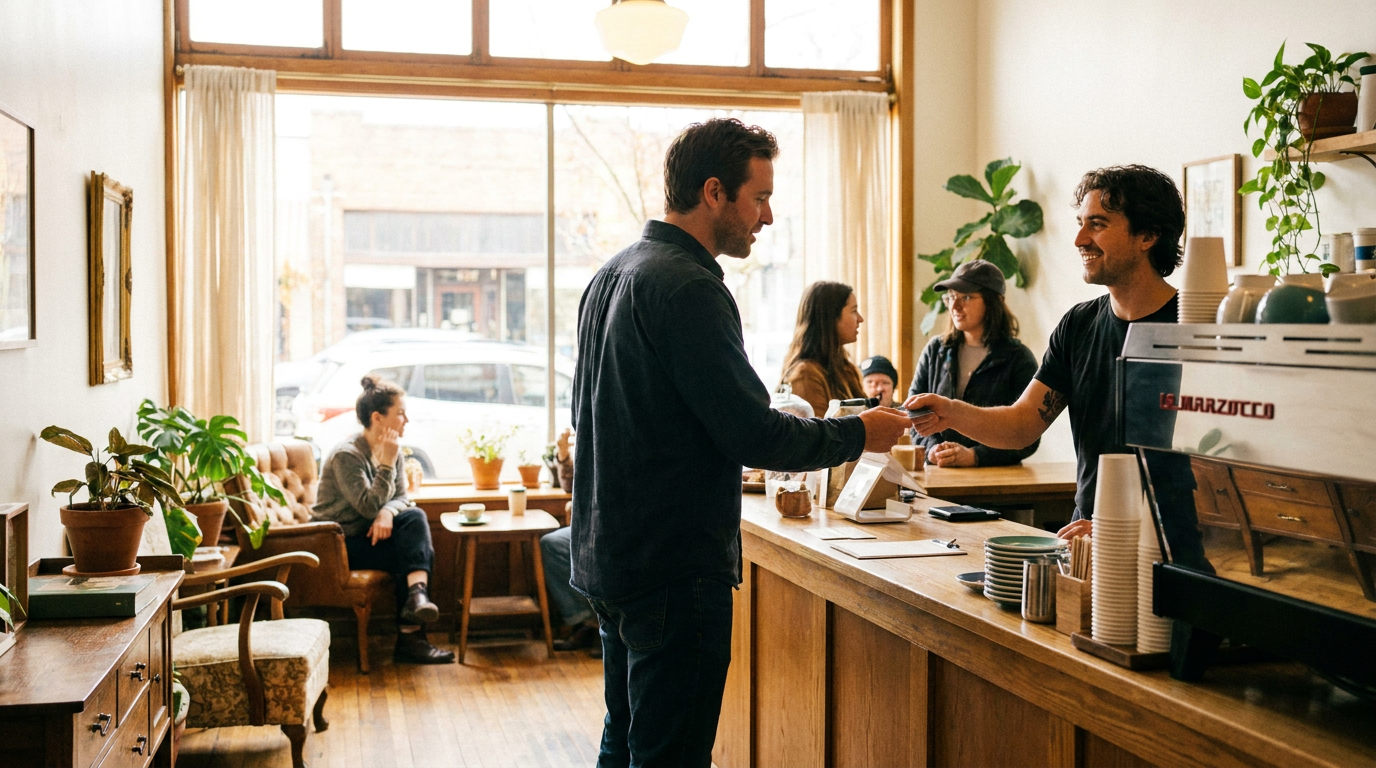 Customer paying at a small local coffee shop